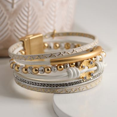 Cream Mix Golden Disc Distressed Multi Strand Leather Bracelet by Peace of Mind